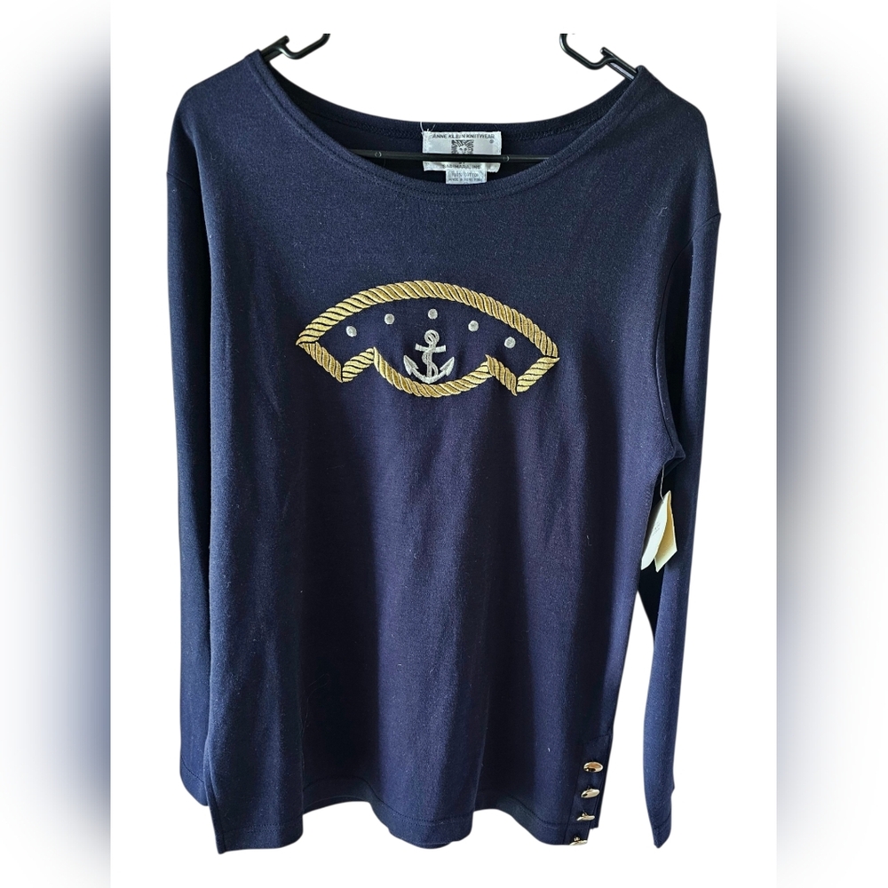 Anne Klein 90's VTG Nautical Anchor Navy Knit Top NWOT Size M